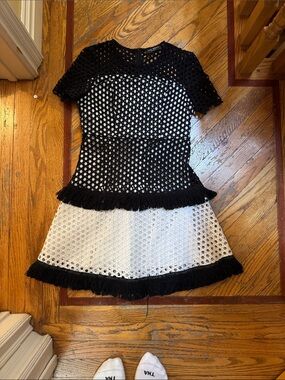 Black and White Eyelet Mini Dress with Fringe Detail